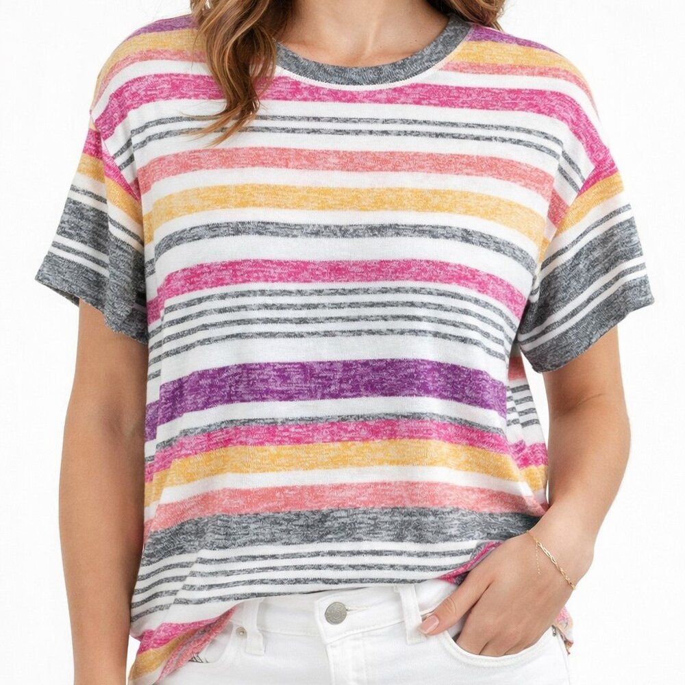 Kensie White Multicolor Stripe Oversized Short Sleeve Knit Top Womens Small